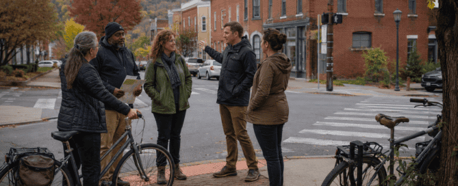 A bicycle is parked along a brick-lined downtown Berea street framed by mature trees with autumn leaves. Text announces the 2026 KBBC Annual Meeting, October 22–23, in Berea, Kentucky, and notes that it is free and open to the public.
