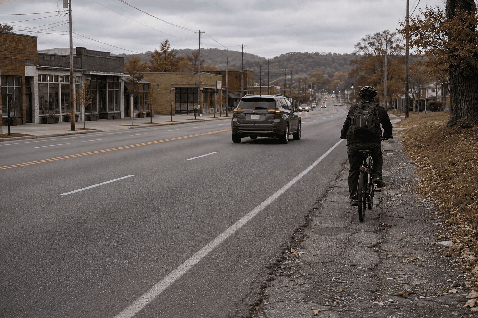 A person bicycling and a pedestrian use designated spaces alongside motor vehicles, illustrating the need for roadway safety strategies that protect every traveler.